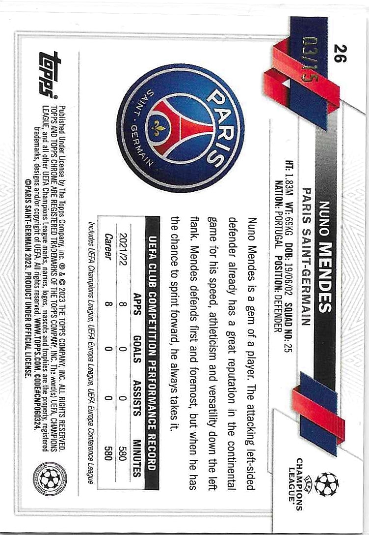 Nuno Mendes - 2022-23 Topps Sapphire - Further Star Purple Ice Refractor /15 - PSG