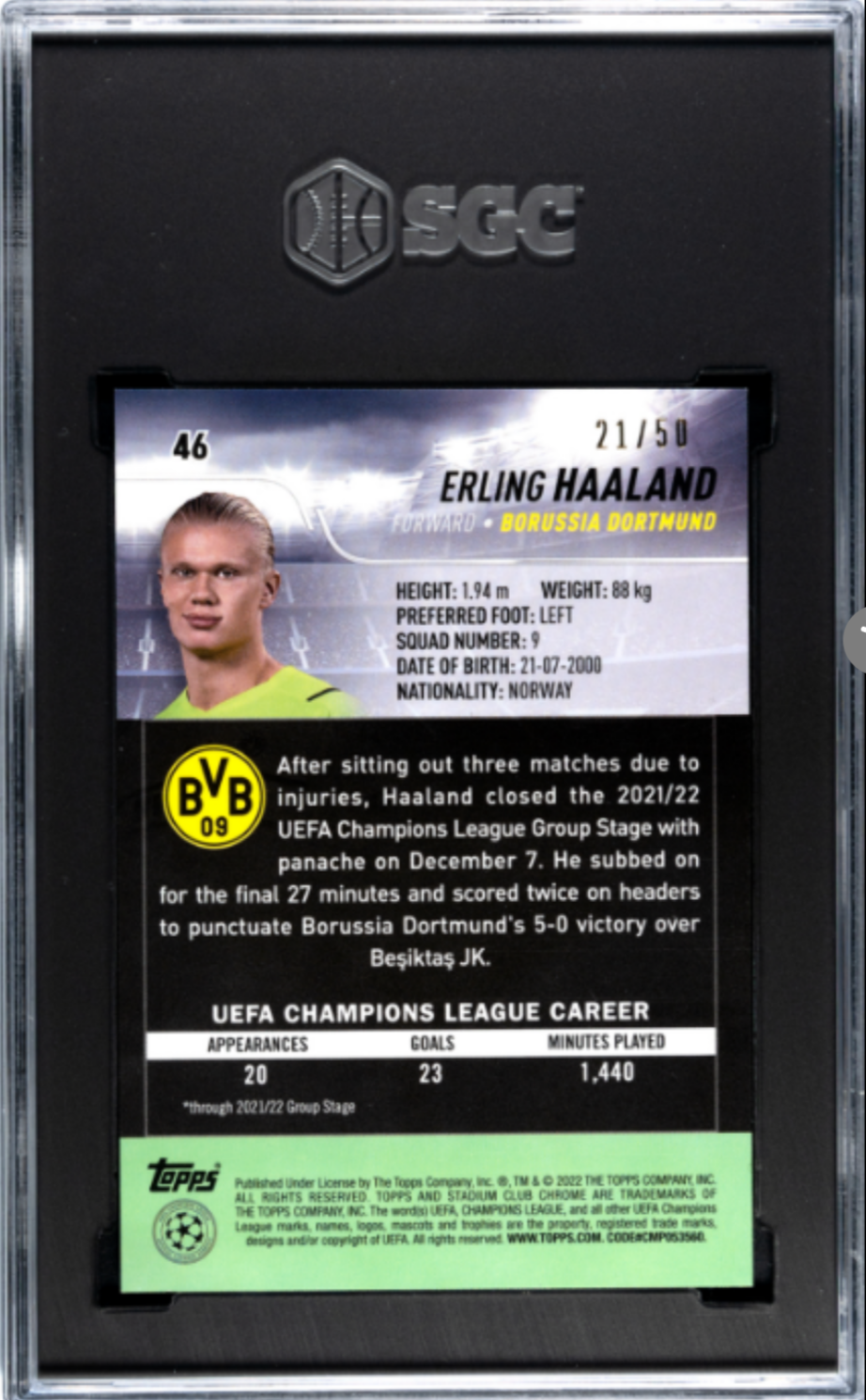 Erling Haaland - 2021-22 Topps Stadium Club Chrome Ucl - Gold Refractor /50 - SGC 9.5 - Dortmund