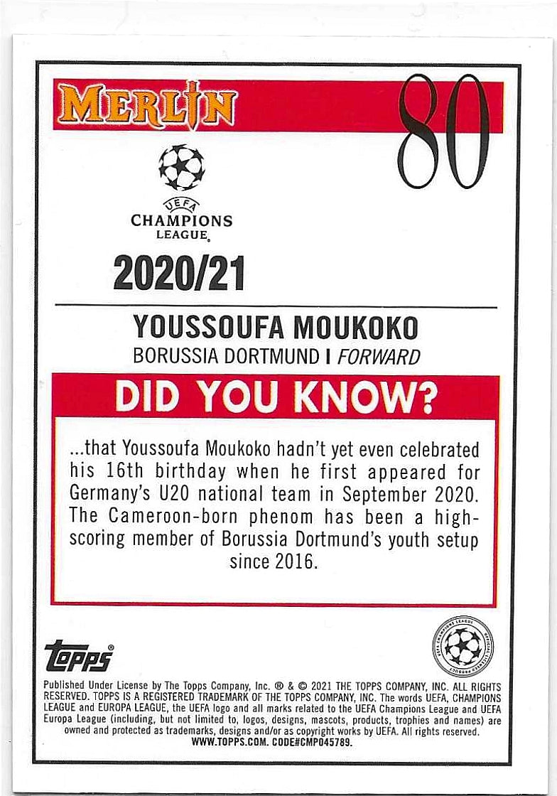 Youssoufa Moukoko - 2020-21 Topps Merlin - Auqa Refractor Rookie - Dortmund